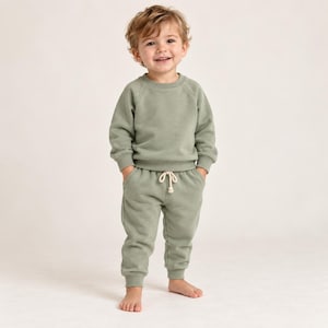 May include: A sage green long-sleeved sweatshirt and matching sweatpants set. The sweatshirt features a crew neckline and raglan sleeves. The sweatpants have an elastic waistband with a visible white drawstring cord and two side pockets.