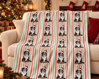 Bernese Mountain Dog Christmas Velveteen Plush Blanket, Red Sage Stripes, Santa Dog Throw