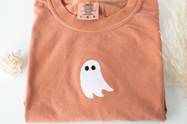 Embroidered Ghost T-shirt, Yam Colored T-shirt, Trendy Fall T-shirt, Cute Fall shirts for Women, Minimalist Fall Halloween Tee image 3