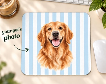 Custom Watercolor Dog Mouse Pad, Light Blue White Stripes, Personalized Pet Photo Desk Accessory
