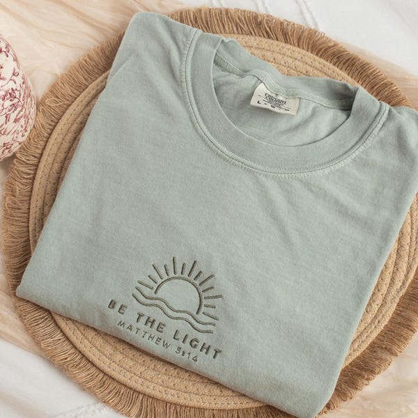 Embroidered 'Be The Light' T-shirt: Christian Bible Verse Tee Gift