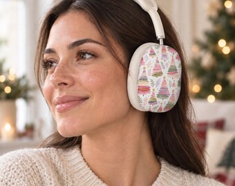 Pastel Christmas Tree AirPods Max Case Covers, Pink Watercolor Holiday Ear Cup Shells, Matte or Glossy