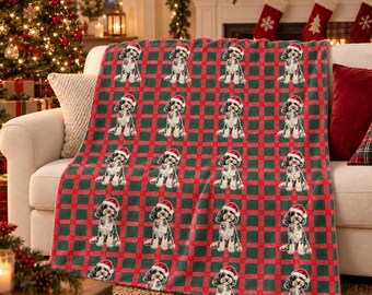 Doodle Christmas Velveteen Plush Blanket, Red Green Plaid, Santa Dog Throw