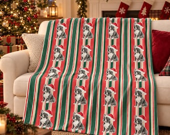 French Bulldog Christmas Velveteen Plush Blanket, Classic Red Green Stripes, Santa Dog Throw