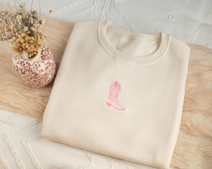 Embroidered Cowboy Boot Sweatshirt: Unisex Cowgirl Crewneck