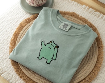 Camiseta Comfort Colors con bordado de rana enojada: Camiseta divertida de animales, Regalos para novio/novia, Camiseta divertida de rana