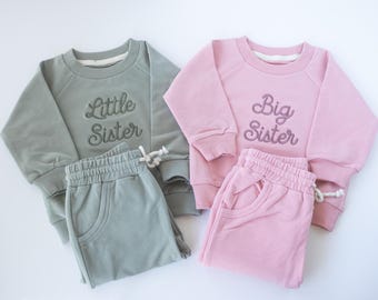 Embroidered Big Little Sister Sweatshirt Jogger Set: Toddler Track Suit, Pregnancy Announcement Gift