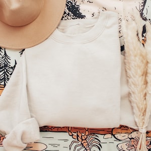 May include: A solid cream-colored crewneck sweatshirt with long sleeves, positioned alongside a tan wide-brimmed hat and a bundle of dried pampas grass. The sweatshirt features a simple, plain front design with a ribbed collar, cuffs, and hemline.
