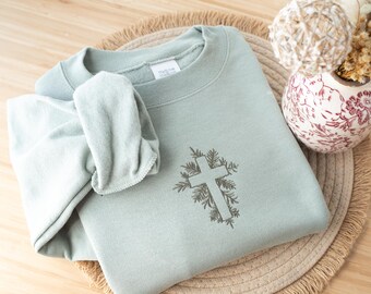 Embroidered Cross Christian Sweatshirt, Christian Gift, Bible Verse Crewneck, Religious Spiritual Gifts