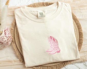 Embroidered Pink Cowboy Boots Comfort Colors T-shirt