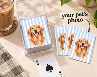 Custom Watercolor Dog Playing Cards, Light Blue White Stripes, Personalized Pet Photo Poker Deck