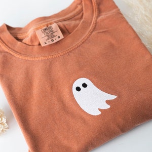 Embroidered Ghost T-shirt, Yam Colored T-shirt, Trendy Fall T-shirt, Cute Fall shirts for Women, Minimalist Fall Halloween Tee image 2