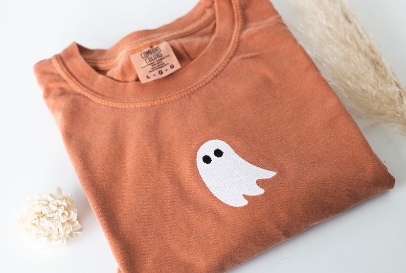 Embroidered Ghost T-shirt, Yam Colored T-shirt, Trendy Fall T-shirt, Cute Fall shirts for Women, Minimalist Fall Halloween Tee image 2