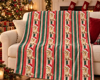 Dachshund Christmas Velveteen Plush Blanket, Classic Red Green Stripes, Santa Dog Throw