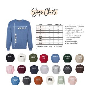 May include: A size chart for a crewneck sweatshirt featuring a blue garment with white chest and length measurement arrows. A table lists sizes S through 5XL with chest and length measurements in inches. A list of 20 available color options is shown.