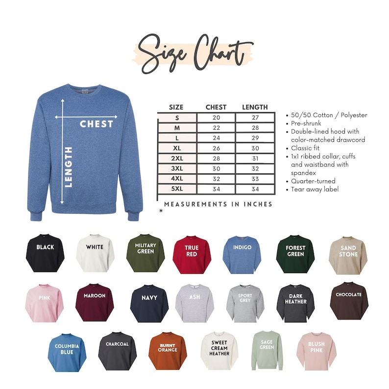 May include: A size chart for a crewneck sweatshirt featuring a blue garment with white chest and length measurement arrows. A table lists sizes S through 5XL with chest and length measurements in inches. A list of 20 available color options is shown.