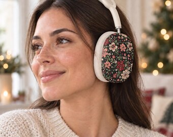 Retro Christmas Floral AirPods Max Case Covers, Dark Botanical Ear Cup Shells, Pink Red Flowers, Matte or Glossy