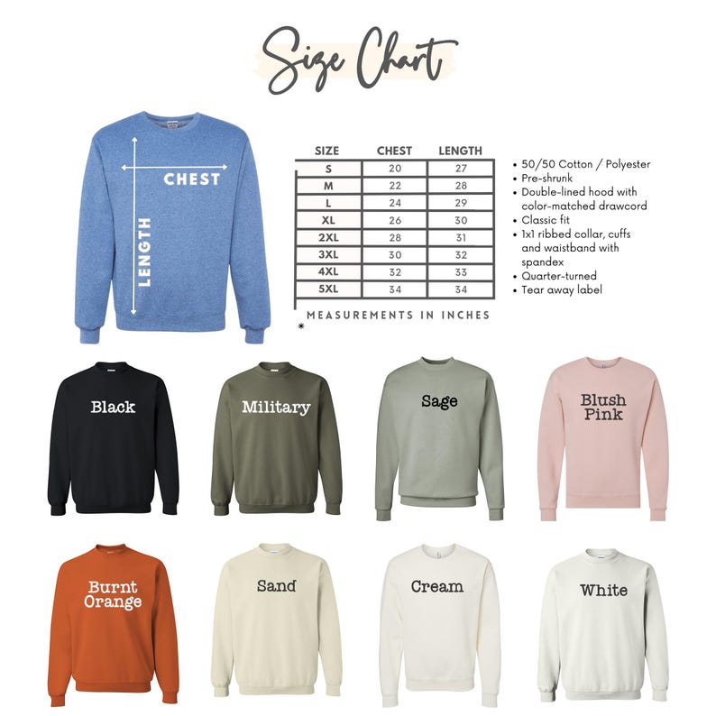 The image is a size chart for various types of sweatshirts, including military, black, and cream colors. The chart provides measurements in inches for chest length, waist, and sleeve length, along with corresponding sizes for different chest, waist, and sleeve measurements.