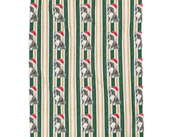 French Bulldog Christmas Velveteen Plush Blanket, Green Gold Stripes, Santa Dog Throw