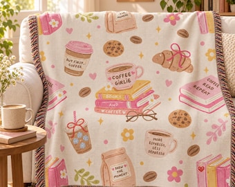 Coffee and Books Woven Blanket, Pastel Pink Cotton Throw, Cozy Book Lover Gift