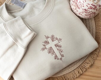 Embroidered Cross Christian Sweatshirt, Christian Gift, Bible Verse Crewneck, Religious Spiritual Gifts