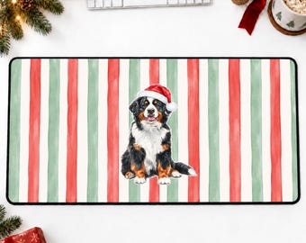 Bernese Mountain Dog Christmas Desk Mat, Centered Santa Dog, Red Sage Stripes