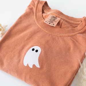 Embroidered Ghost T-shirt, Yam Colored T-shirt, Trendy Fall T-shirt, Cute Fall shirts for Women, Minimalist Fall Halloween Tee image 1