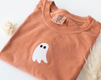 Embroidered Ghost T-shirt, Yam Colored T-shirt, Trendy Fall T-shirt, Cute Fall shirts for Women, Minimalist Fall Halloween Tee