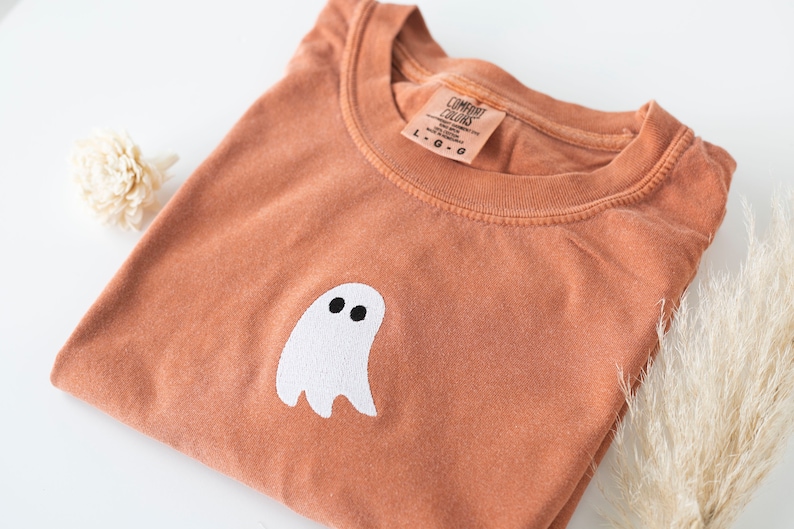 Embroidered Ghost T-shirt, Yam Colored T-shirt, Trendy Fall T-shirt, Cute Fall shirts for Women, Minimalist Fall Halloween Tee image 1