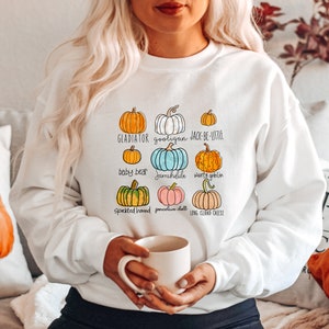 All Pumpkins Sweatshirt, Cute Fall Sweatshirts for Women, Pumpkin Variety Autumn Thanksgiving Halloween Fall Pumpkin Spice Sweatshirt