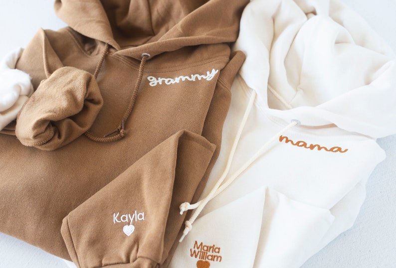 Custom Collar and Sleeve Embroidered Hoodie, Embroidered Mom mama Grandmother Hoodie with Kids Names Kids Names, Personalized Embroidered image 3