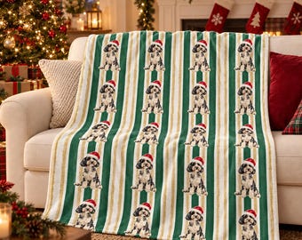 Doodle Christmas Velveteen Plush Blanket, Green Gold Stripes, Santa Dog Throw