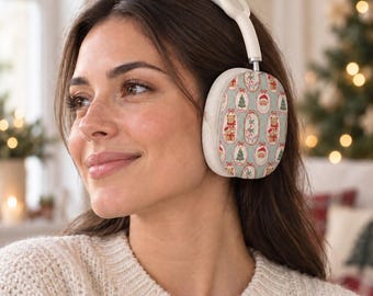 Vintage Santa Teddy Bear AirPods Max Case Covers, Christmas Ear Cup Shells, Candy Cane Holiday Pattern, Matte or Glossy