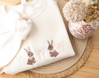 Embroidered Coquette Easter Bunny Sweatshirt, Bunny & Ribbon Sweatshirt Spring Sweatshirt Doe Skin Beige