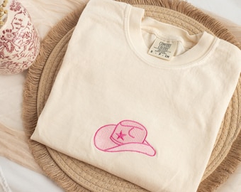 Embroidered Pink Cowboy Hat Comfort Colors T-shirt