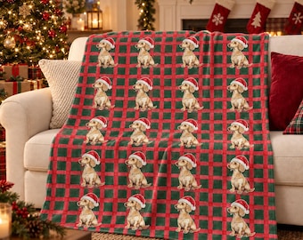 Dachshund Christmas Velveteen Plush Blanket, Red Green Plaid, Santa Dog Throw