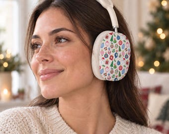 Colorful Christmas Ornament AirPods Max Case Covers, Pink Blue Holiday Ear Cup Shells, Matte or Glossy