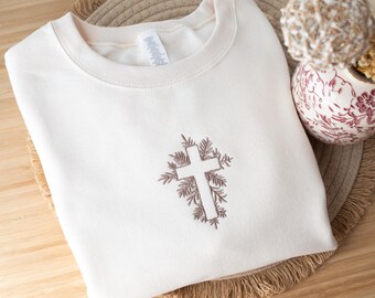 Embroidered Cross Christian Sweatshirt, Christian Gift, Bible Verse Crewneck, Religious Spiritual Gifts