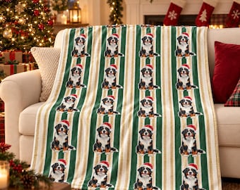 Bernese Mountain Dog Christmas Velveteen Plush Blanket, Green Gold Stripes, Santa Dog Throw