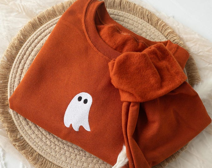Embroidered Cute Ghost Sweatshirt, Embroidered Fall Sweatshirt, Halloween Sweatshirt, Ghost Sweatshirt, Trendy Fall Sweatshirt G3-C-97