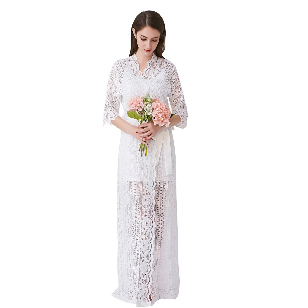 Long White Lace Robe Full Lace Robe Bride Robe Bridal Party | Etsy