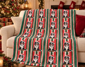 Bernese Mountain Dog Christmas Velveteen Plush Blanket, Classic Red Green Stripes, Santa Dog Throw