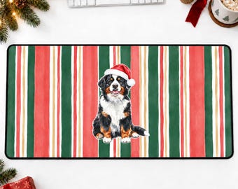 Bernese Mountain Dog Christmas Desk Mat, Centered Santa Dog, Classic Red Green Stripes