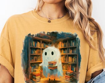 Librarian Ghost Comfort Colors® T-shirt for Bookish Girlies, Book Lover Gifts, Bookish Tee, Halloween Ghost T-shirts, Halloween T-shirt