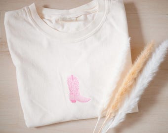 Embroidered Pink Comfort Colors Cowboy Boot T-shirt - Cowgirl Gift