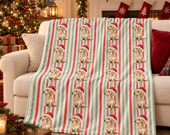 Dachshund Christmas Velveteen Plush Blanket, Red Sage Stripes, Santa Dog Throw