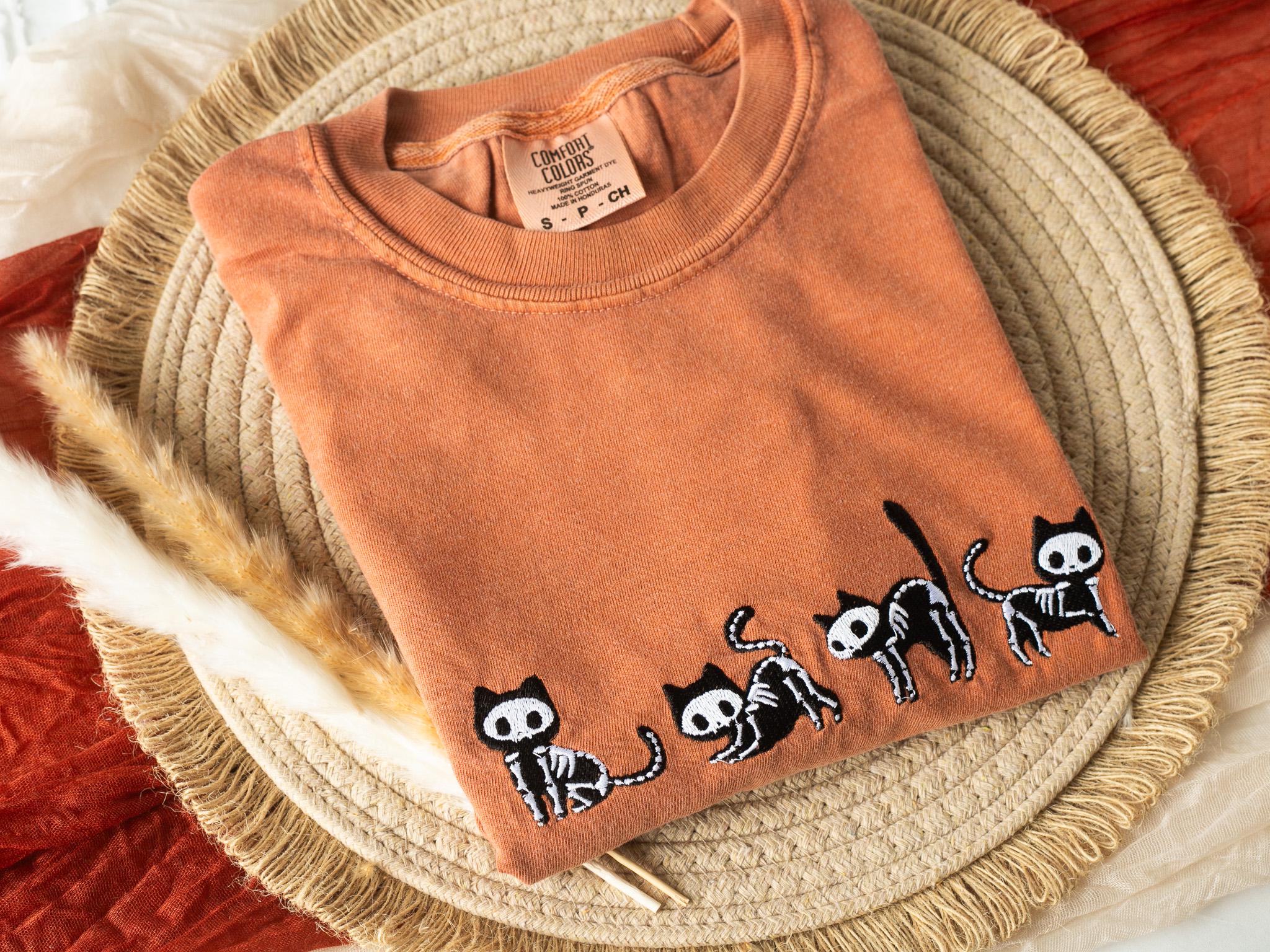 Embroidered Skeleton Cats T-shirt, Yam Colored T-shirt, Fall T-shirt, Cute Fall shirts for Women, Cowboy Ghost Fall Halloween Tee, C4-C-196