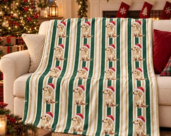 Dachshund Christmas Velveteen Plush Blanket, Green Gold Stripes, Santa Dog Throw
