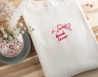 Embroidered Coquette Book Lover Sweatshirt, Bookish Crewneck, Valentines Bookish Gifts