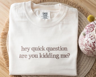 Embroidered Funny & Sassy Comfort Colors T-shirt Hey Quick Questions Are You Kidding me? Tee